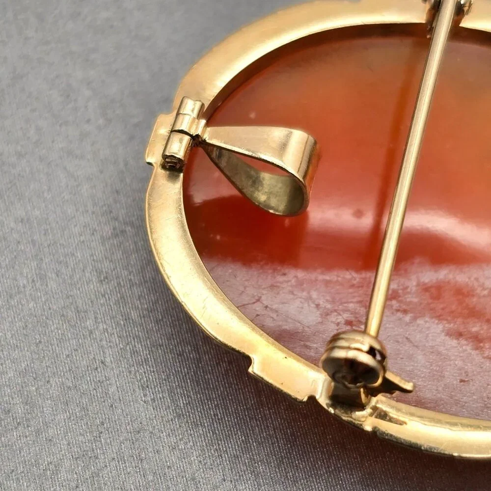 14K Yellow Gold Shell Cameo Brooch/Pendant Hand-Carved Profile 5.28g Signed LJI - Picture 8 of 11